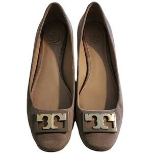 Tory Burch Gigi Gray Suede Heels with Silver Logo Design Size 7.5